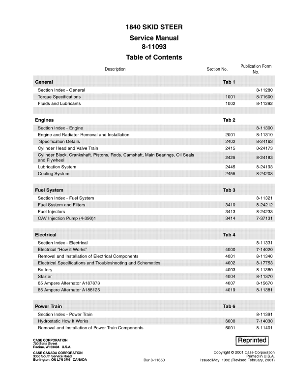 Case 1840 Skidsteer Service Manual