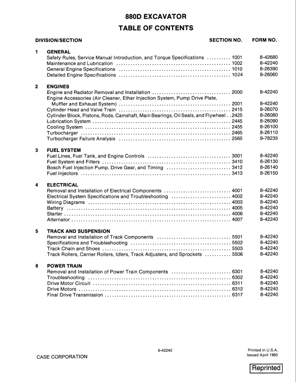 Case 880D Excavator Service Manual