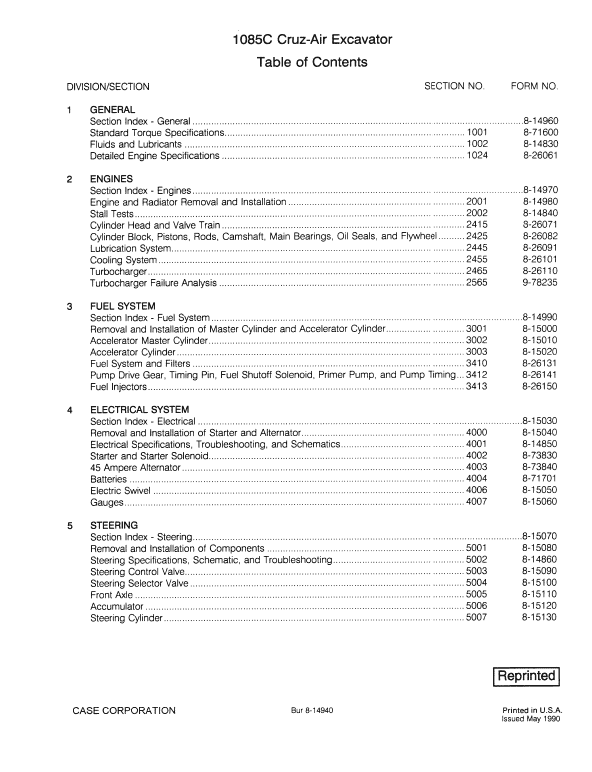 Case 1085C Excavator Service Manual