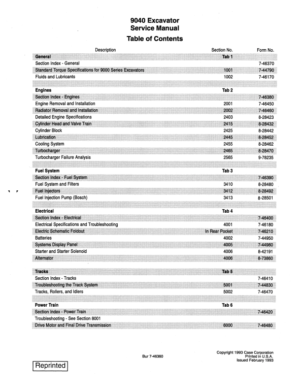 Case 9040 Excavator Service Manual