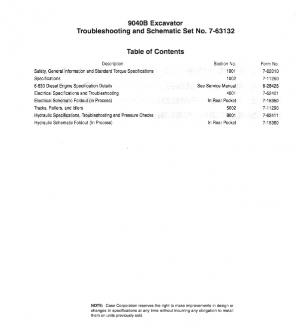 Case 9040B Excavator Service Manual