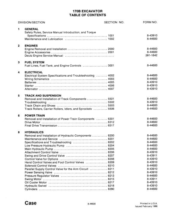 Case 170B Excavator Service Manual