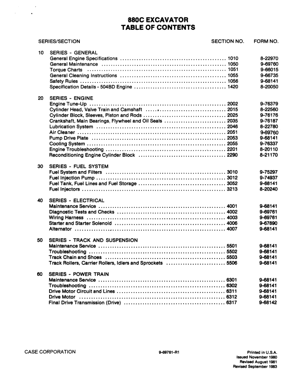 Case 880C Excavator Service Manual