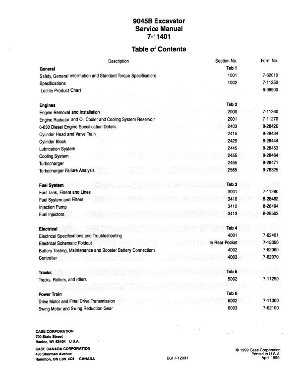 Case 9045B Excavator Service Manual