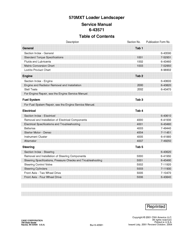 Case 570MXT Loader Landscaper Service Manual