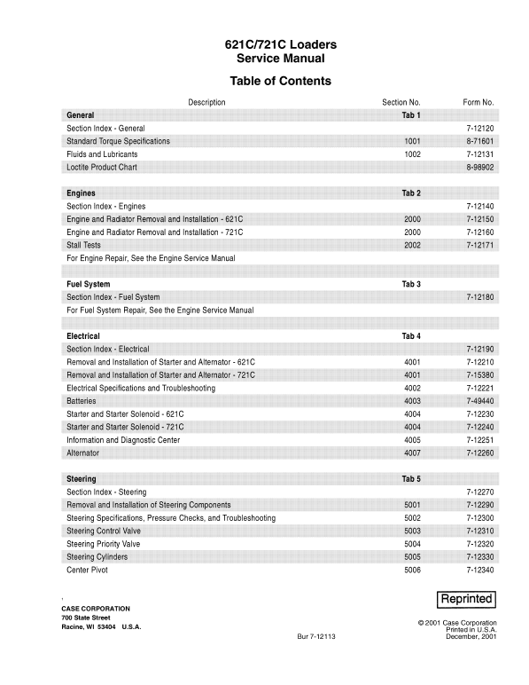 Case 621C, 721C Loaders Service Manual