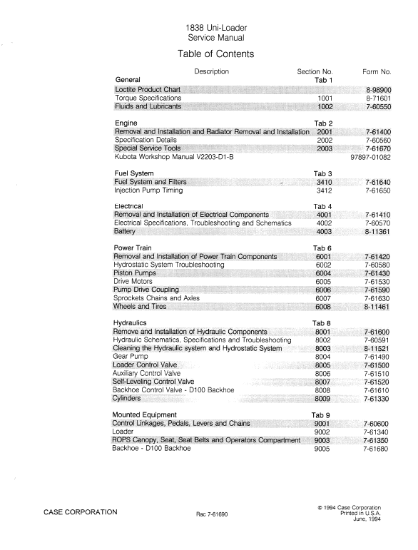 Case 1838 Uni-Loader Service Manual