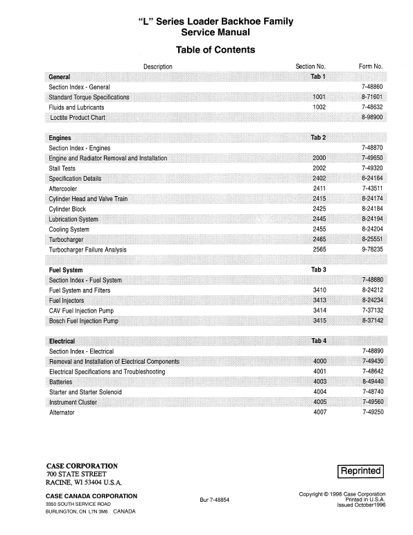 Case L Series Loader Backhoe Service Manual