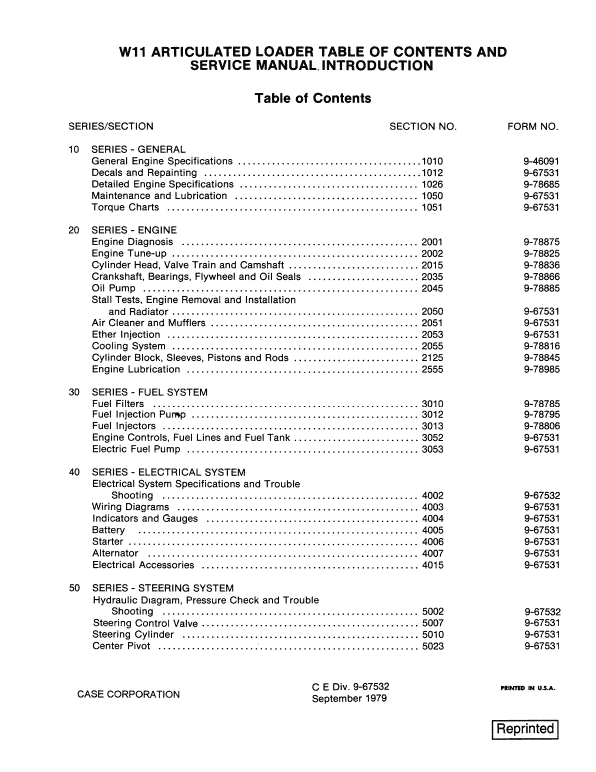 Case W11 Loader Service Manual