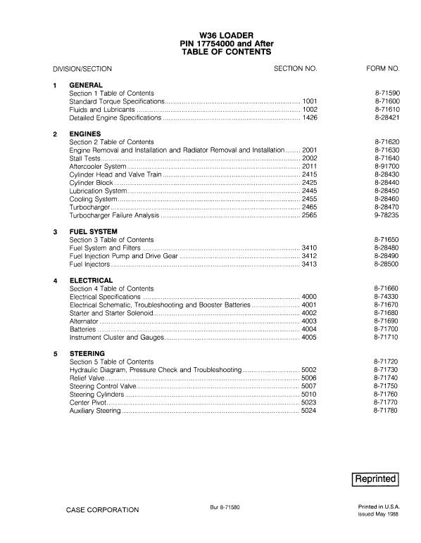 Case W36 Loader Service Manual