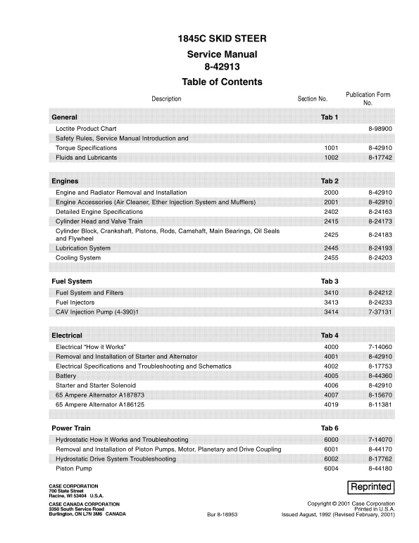 Case 1845C SkidSteer Service Manual