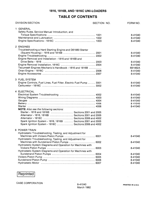 Case 1816, 1816B, 1816C Uni-Loader Service Manual