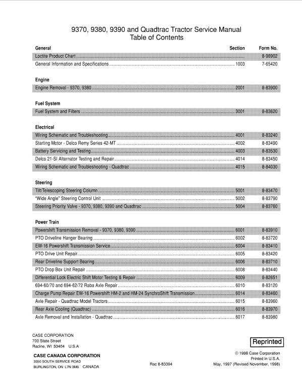 Case 9370, 9380, 9390 Quadtrac Tractor Service Manual