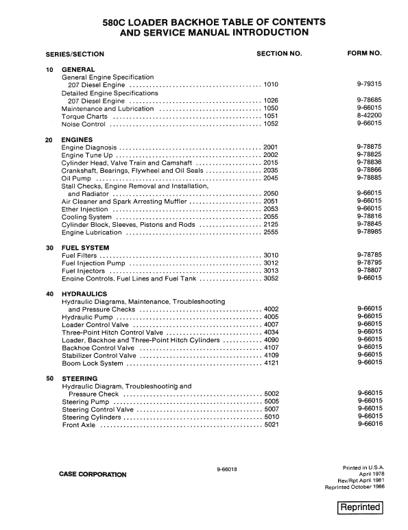 Case 580C Loader Backhoe Service Manual