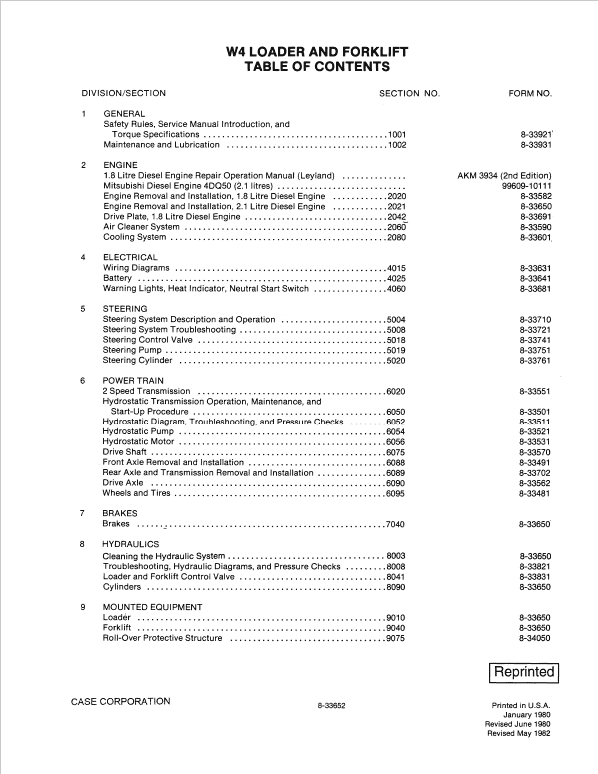 Case W4 Loader and Forklift Service Manual