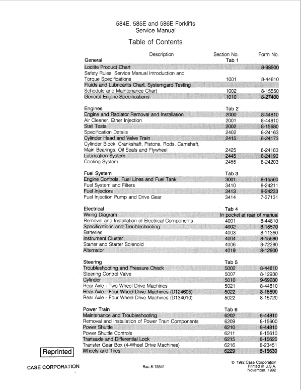 Case 584E, 585E, 586E Forklift Service Manual