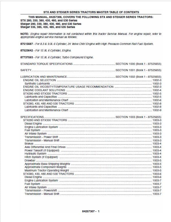 Case 280, 330, 380, 430, 480, 530 Steiger Tractor Service Manual