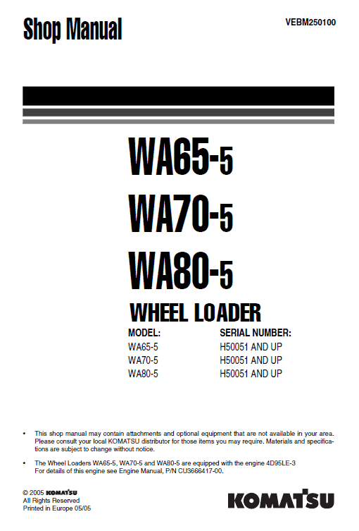 Komatsu WA65-5, WA70-5, WA80-5 Wheel Loader Service Manual