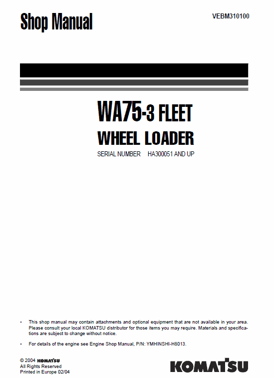 Komatsu WA75-3 Wheel Loader Service Manual