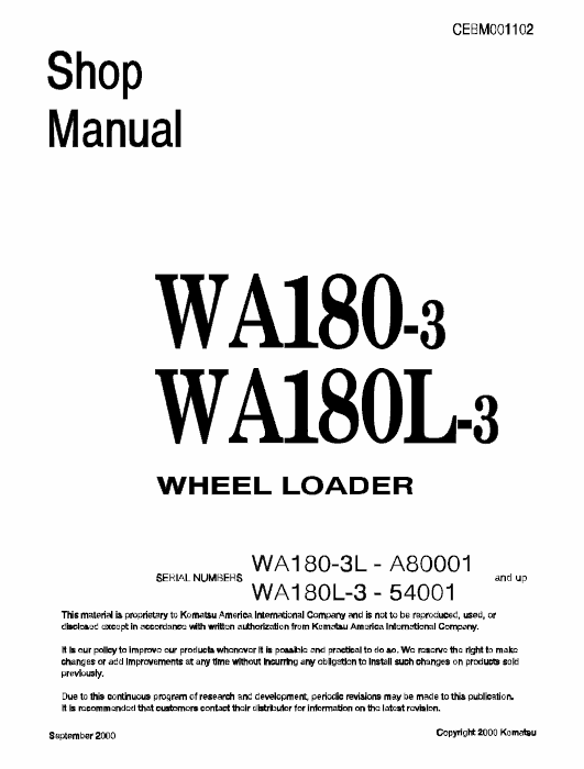 Komatsu WA180-3, WA180L-3 Wheel Loader Service Manual