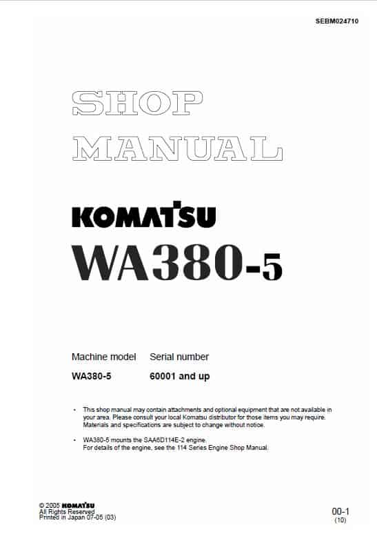 Komatsu WA380-5, WA380-5H Wheel Loader Service Manual