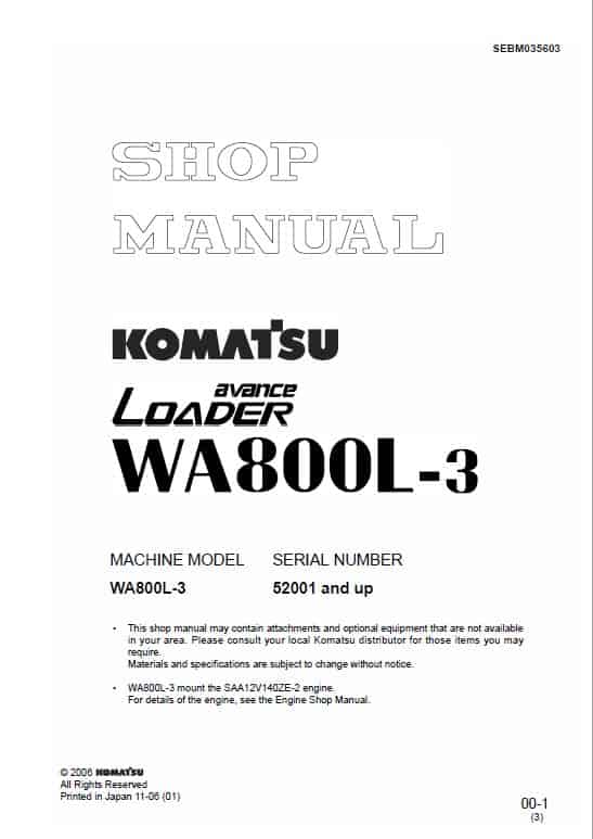 Komatsu WA800L-3 Wheel Loader Service Manual