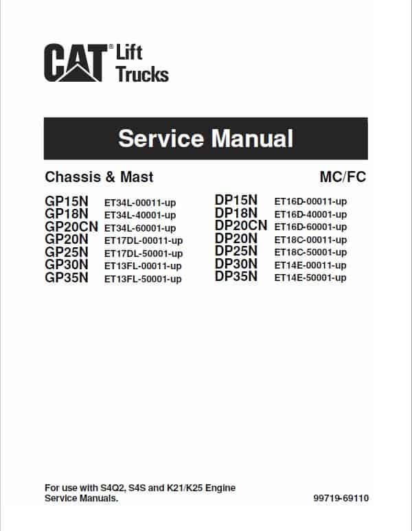 CAT DP15N, DP18N, DP20CN, DP20N Forklift Lift Truck Service Manual