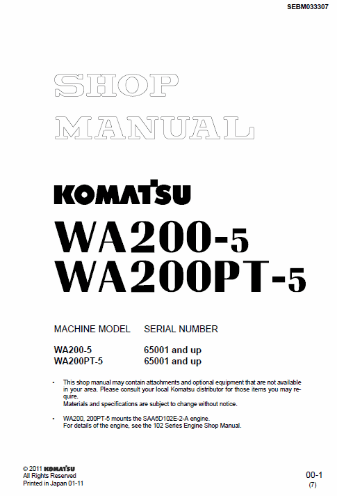 Komatsu WA200-5H, WA200PT-5L, WA200-5L, WA200-5 Loader Service Manual