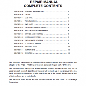 New Holland FX25, FX45, FX28, FX38, FX48, FX58, FX300, FX375, FX450 Harvesters Manual