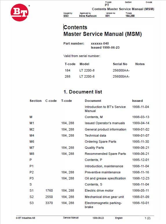 BT LT 2200-6, LT 2200-8 Pallet Truck Service Manual