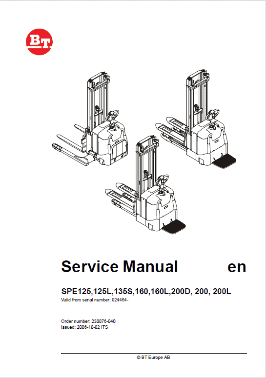 BT SPE125, SPE125L, SPE135S, SPE160, SPE200, SPE200L Pallet Truck Manual