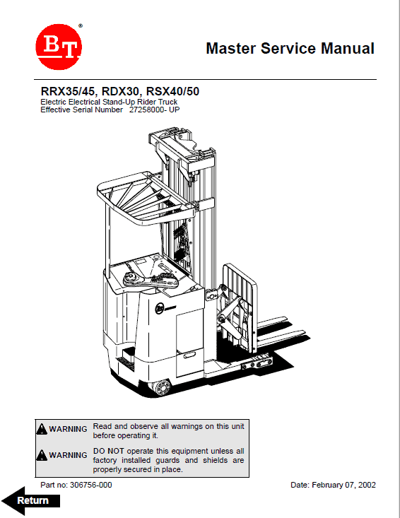 BT RRX35, RRX45, RDX30, RSX40, RSX50 Rider Truck Service Manual