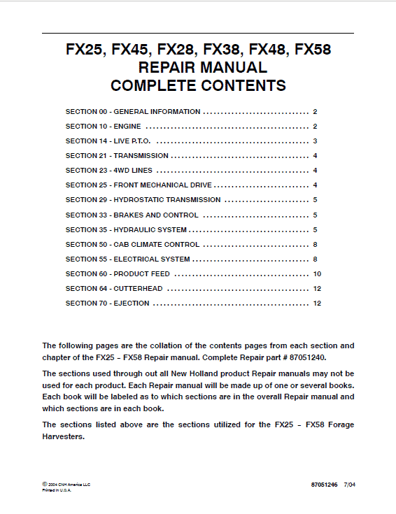 New Holland FX25, FX45, FX28, FX38, FX48, FX58, FX300, FX375, FX450 Harvesters Manual