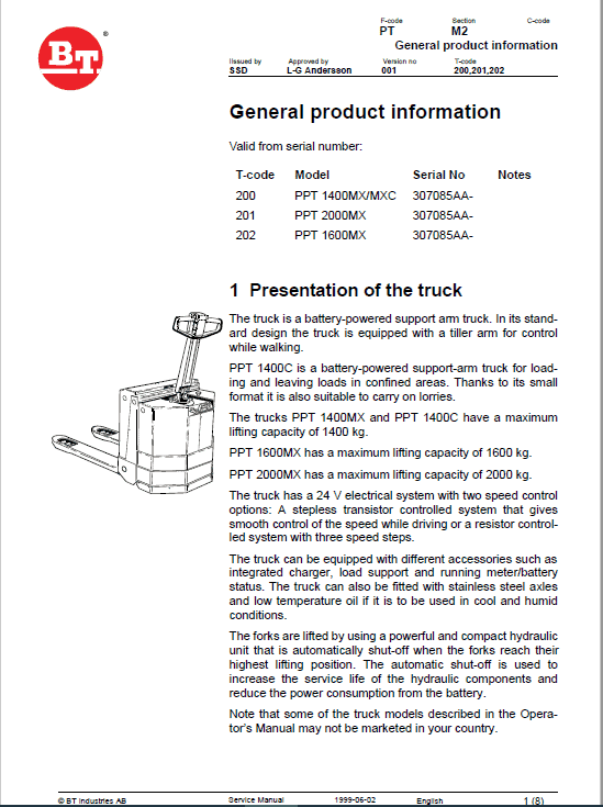 BT PPT 1400MX, PPT 1600MX, PPT 2000MX, PPL2000MX Pallet Truck Manual