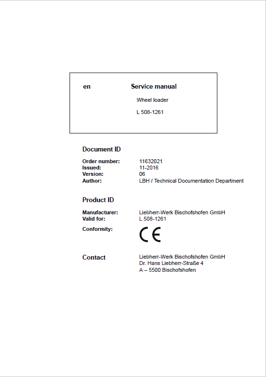 Liebherr L508 Type 1261 Wheel Loader Service Manual