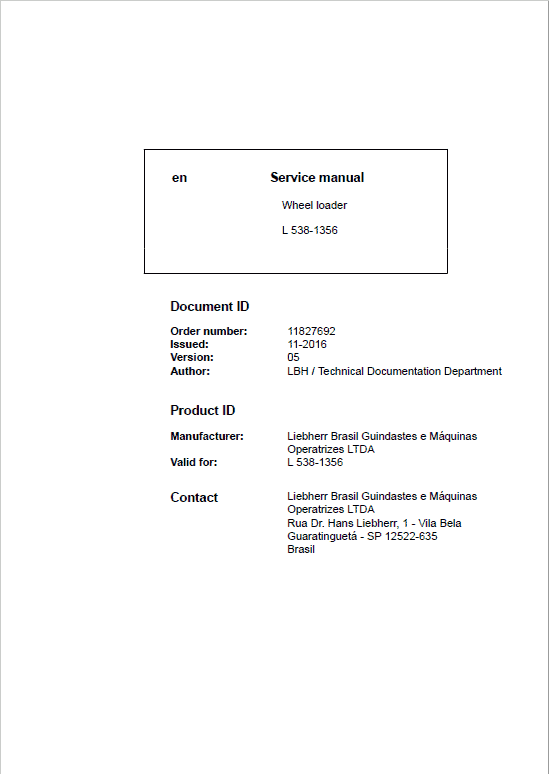 Liebherr L538 Type 1356 Wheel Loader Service Manual