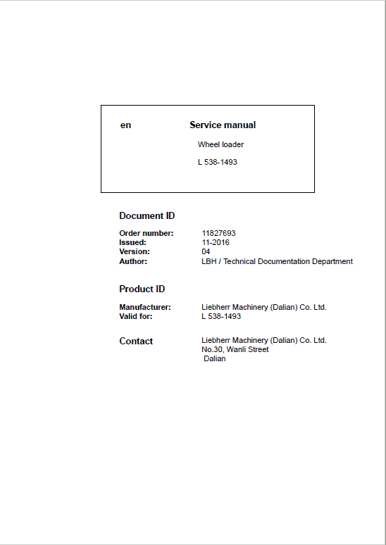 Liebherr L538 Type 1493 Wheel Loader Service Manual