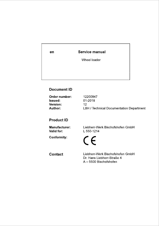 Liebherr L550 Type 1214 Wheel Loader Service Manual