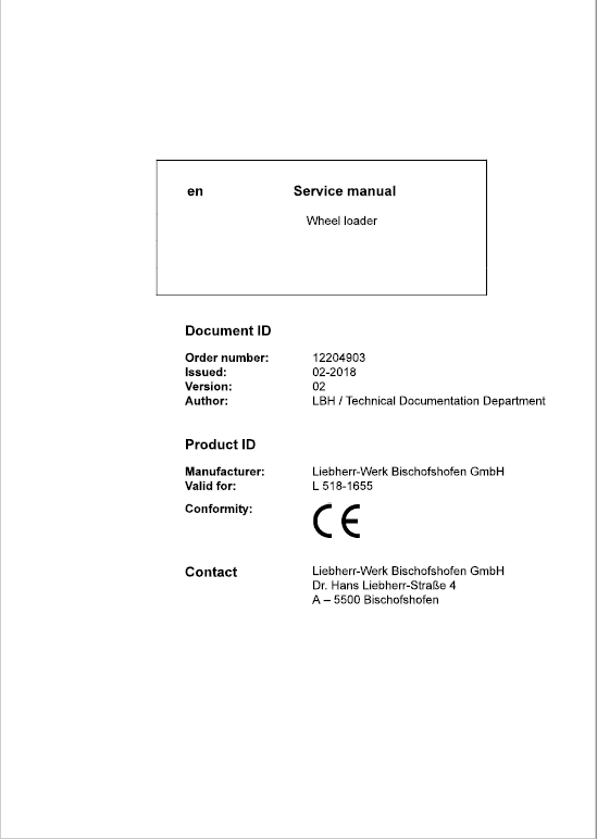 Liebherr L518 Type 1655 Wheel Loader Service Manual