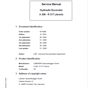 Liebherr A309, A311, A312, A314, A316, R313, R317 Litronic Excavator Manual