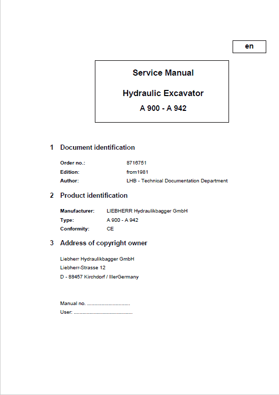 Liebherr A900, A902, A912, A922, A942 Hydraulic Excavator Service Manual