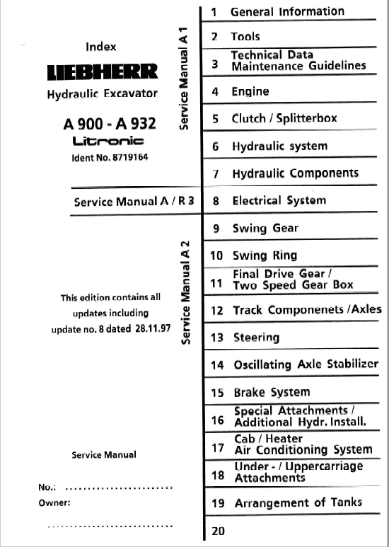 Liebherr A900, A902, A912, A922, A932 Litronic Excavator Service Manual