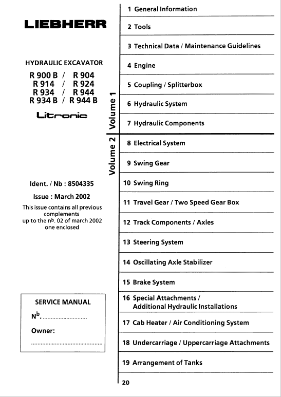 Liebherr R900B, R904, R914, R924, R934, R944 Litronic Excavator Service Manual