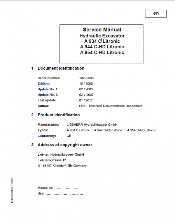 Liebherr A934C, A944C-HD, A954C-HD, R934C, R934C Litronic Service Manual