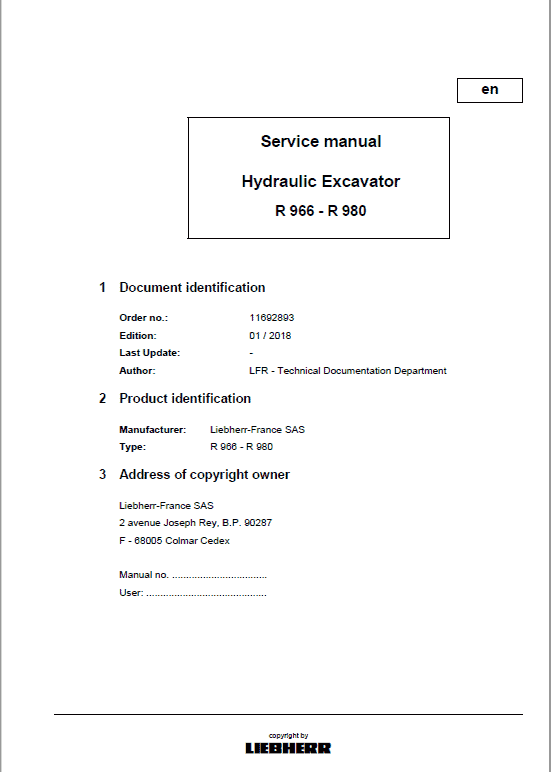 Liebherr R966, R970, R976, R980 Excavator Service Manual