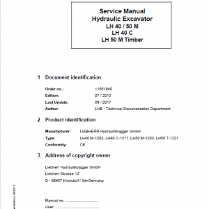 Liebherr LH40M, LH40C, LH50M Timber, LH50M Tier 4i Excavator Service Manual