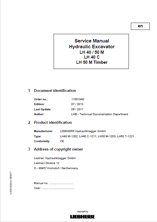 Liebherr LH40M, LH40C, LH50M Timber, LH50M Tier 4i Excavator Service Manual