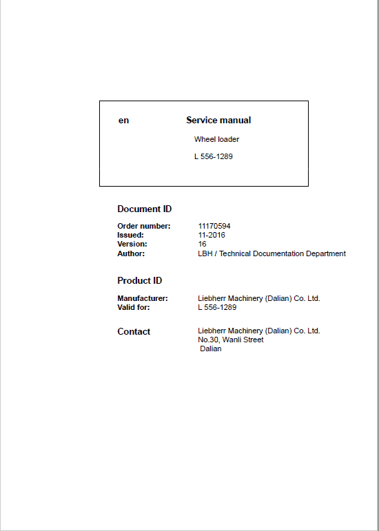 Liebherr L556 Type 1289 Wheel Loader Service Manual