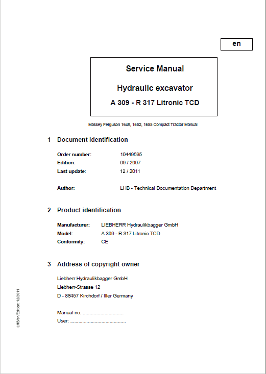 Liebherr A309, A311, A312, A314, A316, R313, R317 Litronic TCD Excavator Manual