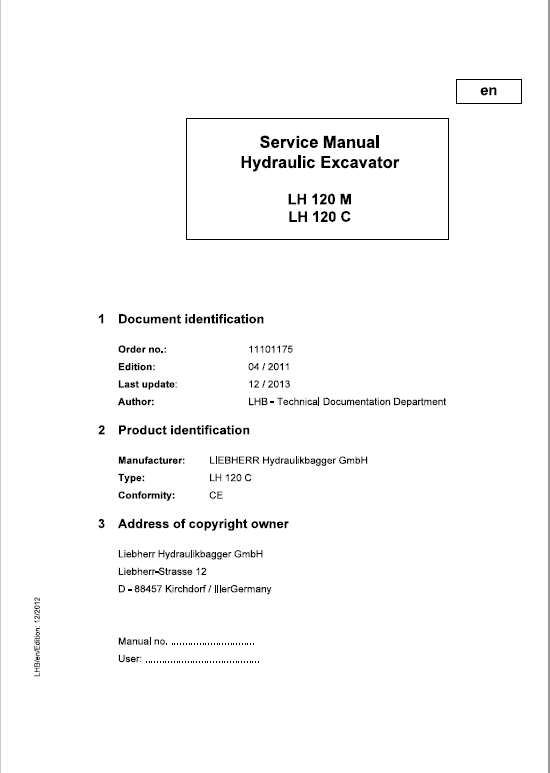 Liebherr LH120M, LH120C Hydraulic Excavator Service Manual